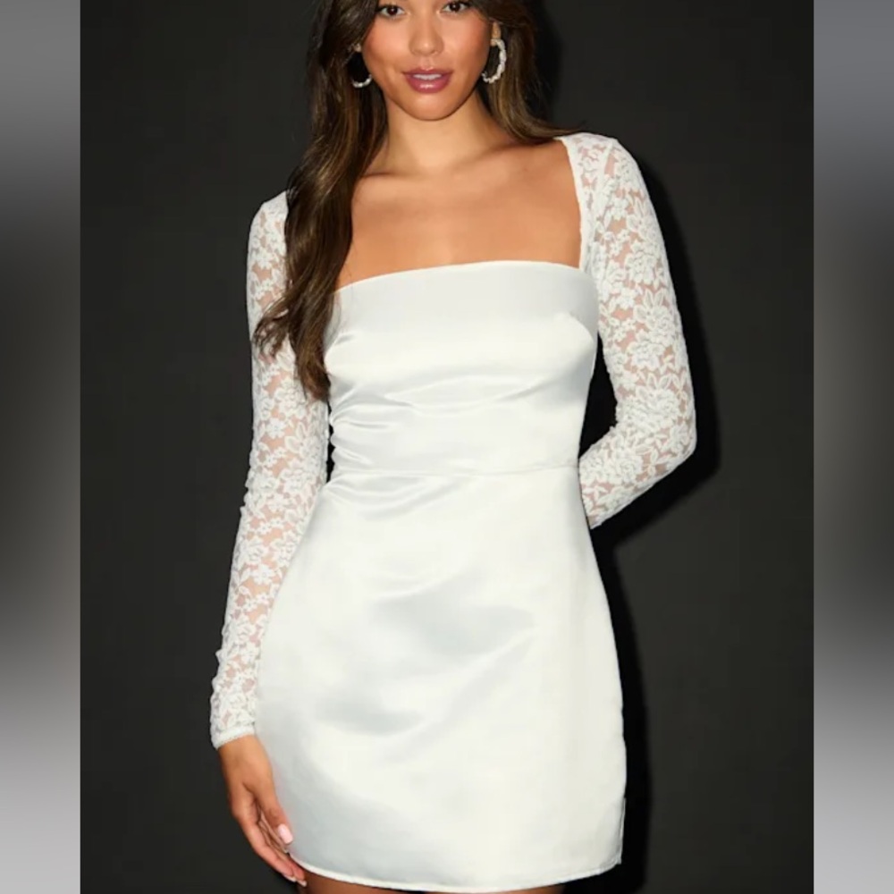 Lulu's White Satin Mini Dress with Lace Long Sleeves
